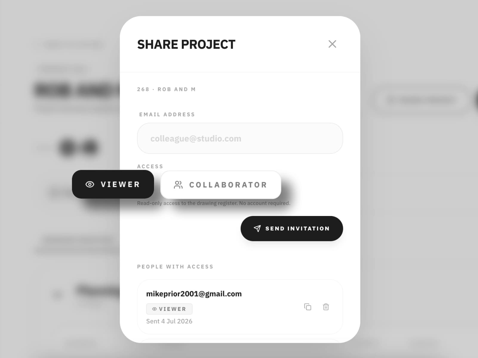 Share page showing project register in view-only mode